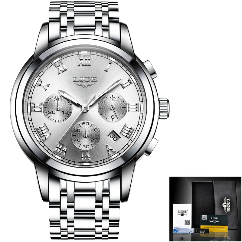 Silver white S Новые часы Мужские люксовый бренд LIGE Хронограф Мужские спортивные часы водонепроницаемые полностью Стальные кварцевые мужские часы Relogio Masculino - Цвет: Silver white S
