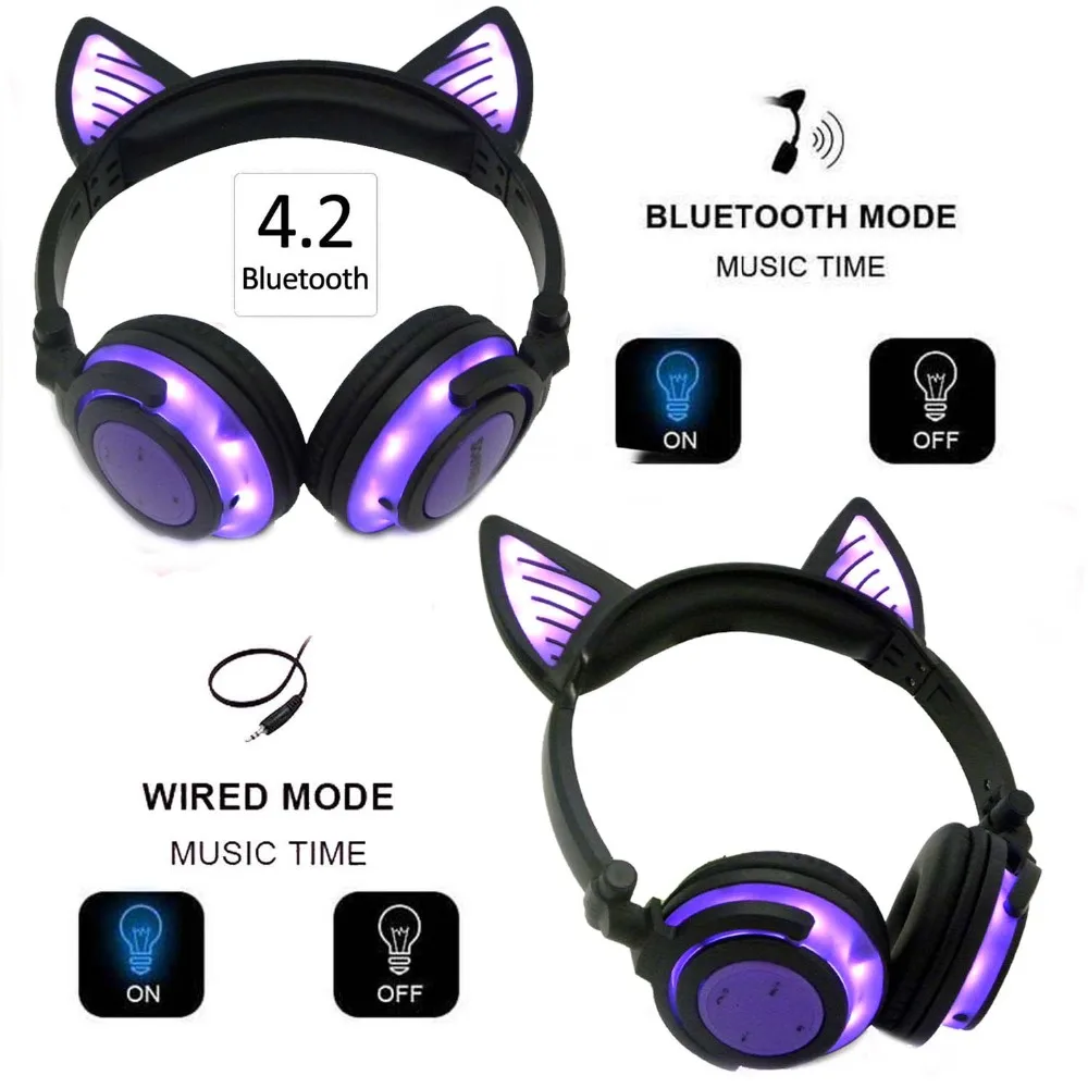 JINSERTA Bluetooth Earphone Cat Ear Wireless Headphones Microphone Flashing Glowing Headset w LED Light For PC Laptop Adult Kids