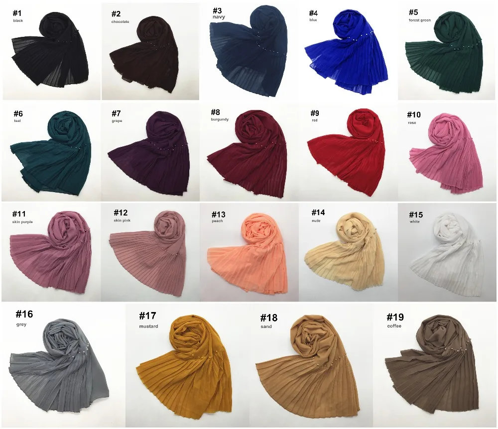 19 цветов, шифоновый шарф с жемчужинами, шарфы, плиссированные простые шали, Женский однотонный мусульманский хиджаб, эссенциальная повязка на голову, платок, дизайн