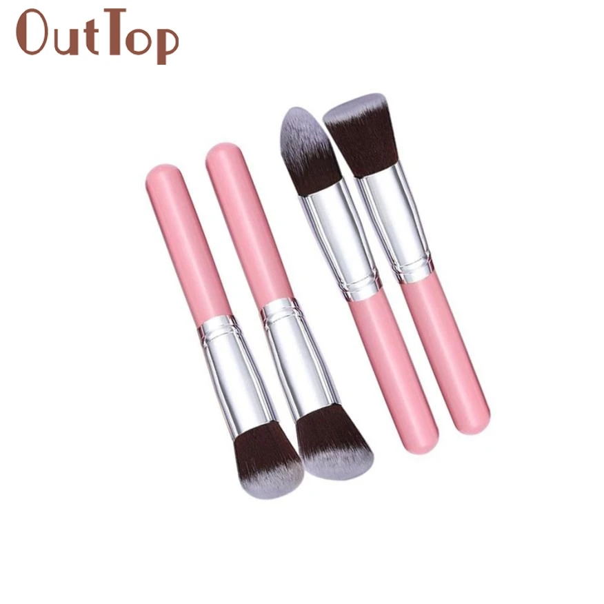 4 Pcs Nylon Hair Pink Kabuki Flat Foundation Brush Makeup Cosmetic