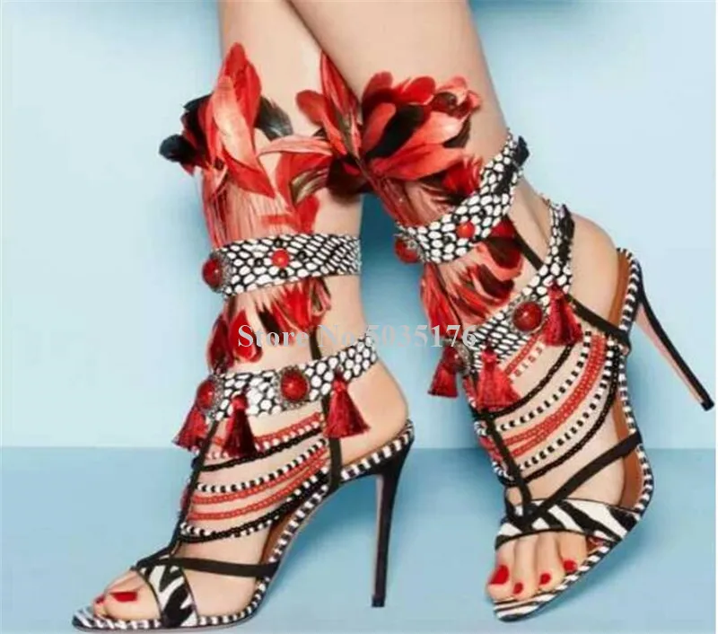 

Summer Fashion Fringe Feather Rhinestone Ladies Boots T-tied Peep Toe Stiletto Heels Mid-Calf Short Boots Party New Women Shoes