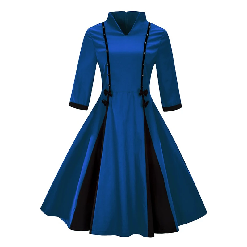 Kostlich 2017 New Autumn Dress Women V-Neck Long Sleeve Hepburn 50s Vintage Dress Patchwork Bow Style Party Dresses Plus Size (19)