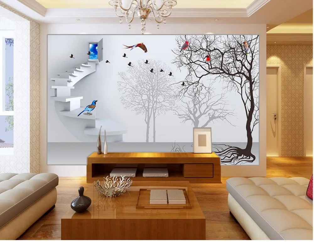 Papel pintado clásico para paredes 3D escalera pájaro rama 3d murales