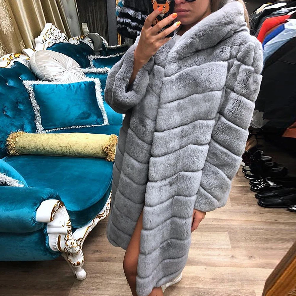 Wholesale Promotion Rex Rabbit Fur Coat For Women Winter Outerwear Jackets Real Fur Rabbit Coats With Warm Hooded All-match Tops