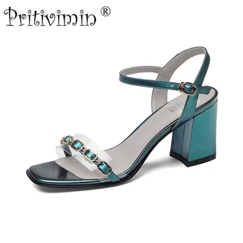 

Pritivimin FN174 sandals women blue champagne Genuine Full Leather High heels summer shoes for woman Free shipping plush size