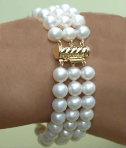 

FREE shipping>>>>BEAUTIFUL 3 ROW 8-9MM 7.5-8" SOUTH SEA WHITE NATURAL PEARL BRACELET YELLOW
