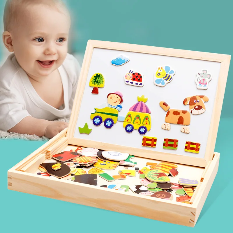 Kaufen Kreativität Holz Spielzeug Pädagogisches Puzzle Bauernhof Dschungel Tier Kinder Jigsaw Baby Magnetische Zeichnung Staffelei Bord Farbe Scratch Kunst