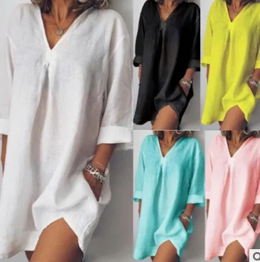 Casual Pure Color V Neck Women Mini Dress Sexy 3/4 Sleeve Pocket Loose Elegant Cotton Linen Party Dress Ladies Dresses Vestidos