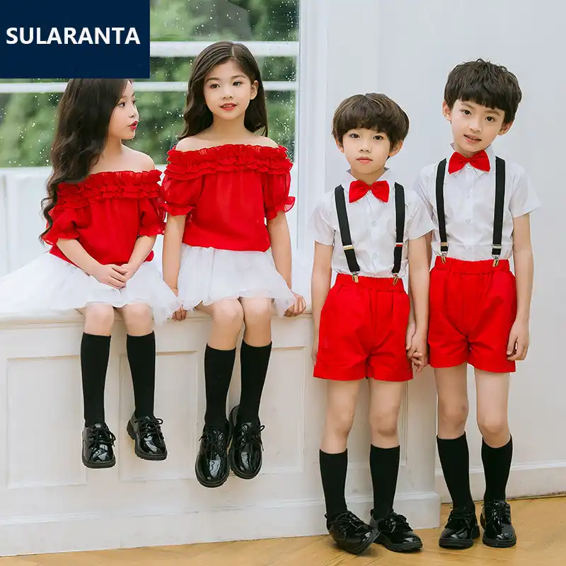 white skirt and red top