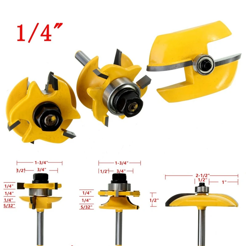 

3pcs/set 1/4'' Round Rail&Stile Router Bits Set Wooden Drilling Bit Cove Raised Panel Tools Wood Cutter