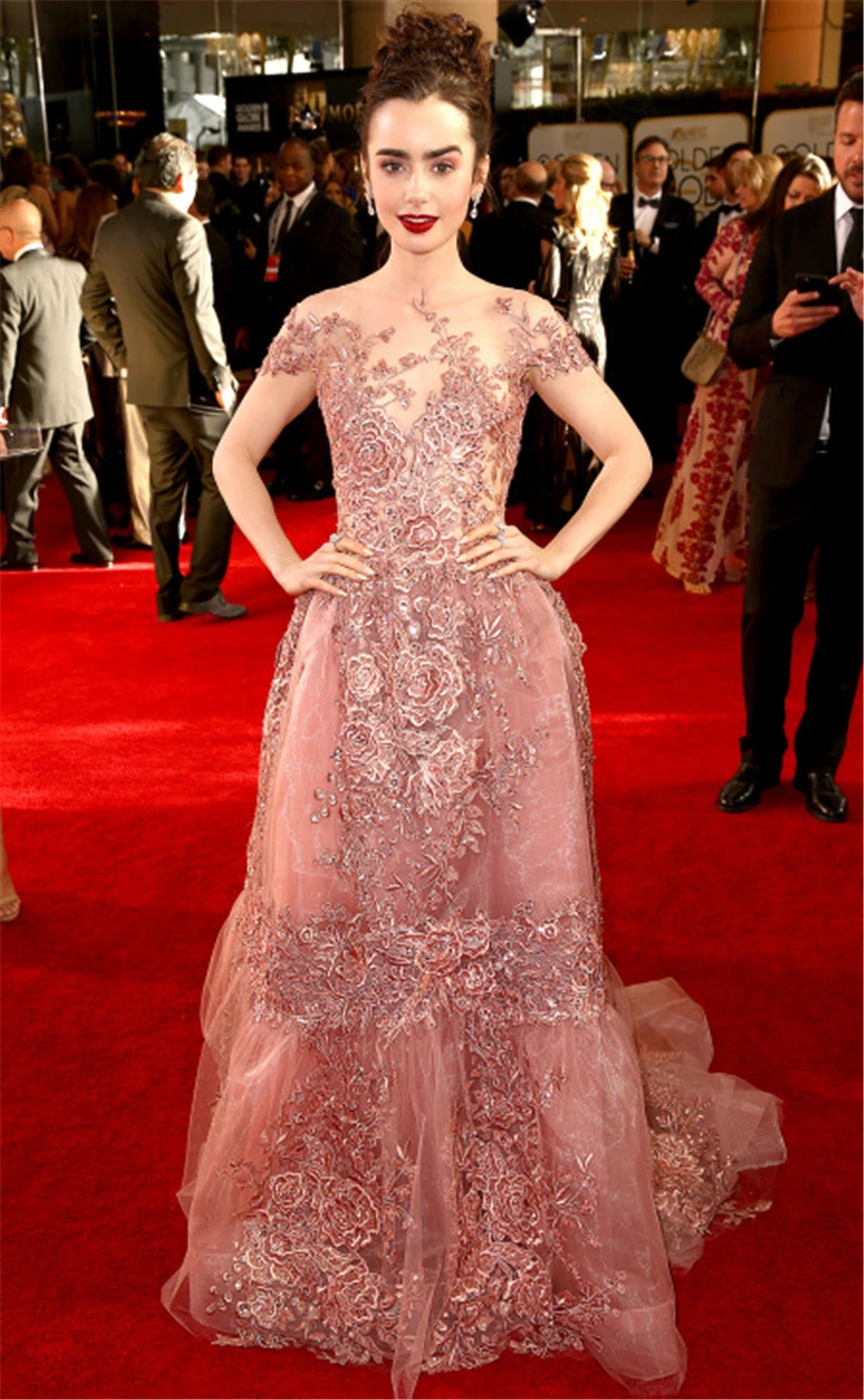 Gorgeous Lily Collins 2017 Golden Globes Red Carpet Dresses A Line Applique Beaded Pink Evening Dresses Robe De Soiree Zm05 In Celebrity Inspired Dresses From Weddings Events