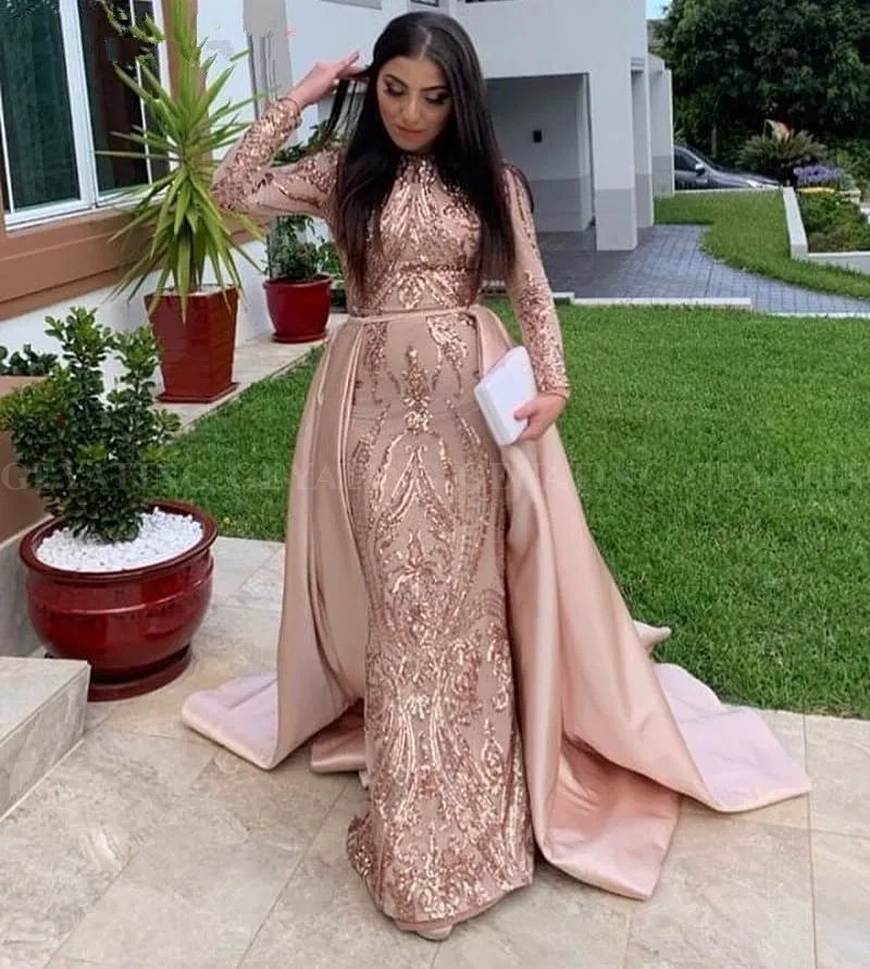 

Saudi Arabia Long Sleeves Mermaid Muslim Evening Dress with Detachable Train Rose Gold hunter Sequin Kaftan Dubai Prom dress