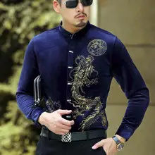 Для Мужчин's повседневные зауженные платье с длинными рукавами «тату» дизайн бархат Дракон шаблон печати футболки со стоячим воротником Мягкий приятный на ощупь
