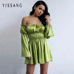 Yissang пикантные с открытыми плечами для женщин Playsuit вечерние комбинезон Твердые сатиновый костюм без бретелек длинным рукавом