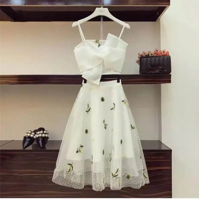 

Summer Women Fashion Mesh Skirt Set Floral Printed Tank Crop Top High Waist Mid-calf A-line Skirt Female Holidays Skirt Suits