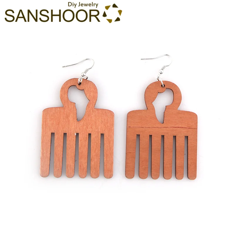 

SANSHOOR Afrocentric Wooden Earrings Comb Shape African Map Light Brown Color Pick for Black Woman Lightweight Jewelry 1 Pair