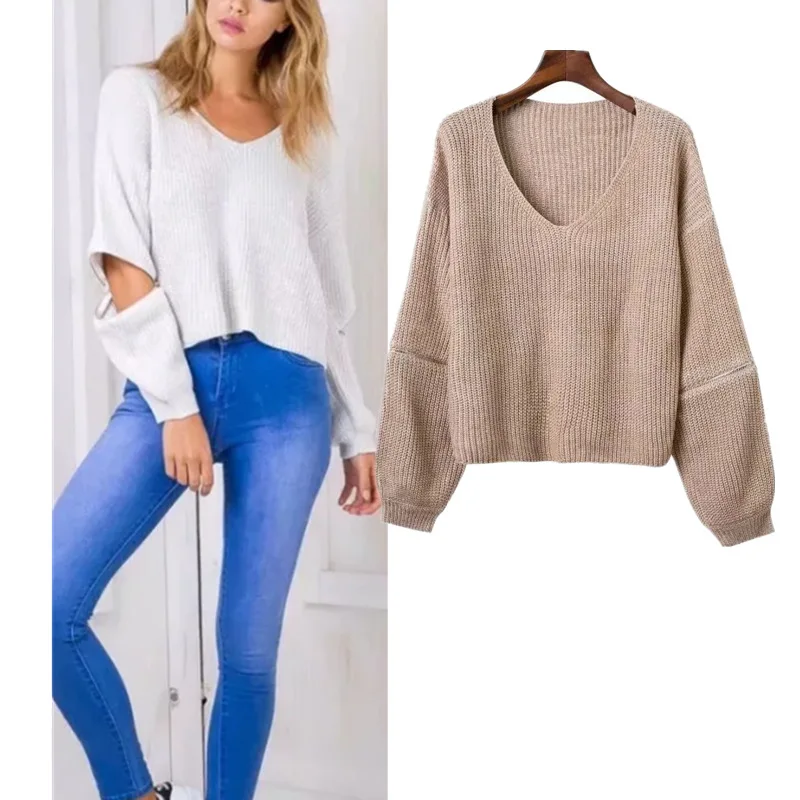 

2017 women clothing solid color zipper long sleeve V-Neck knitted sweater short Tops Female fashion casual loose pullovers W1116