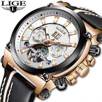 

LIGE New Watch Men Top Brand Luxury Fashion Automatic Mechanical Men Watches Leather Waterproof Date Business Clock Reloj Hombre