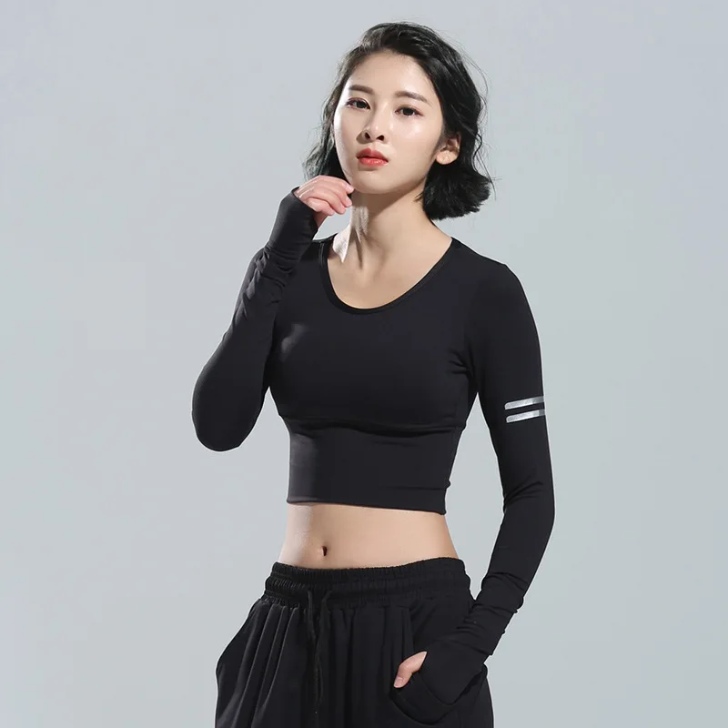 Black Mesh Long Sleeve Yoga Crop Top Women Sport T Shirt ...