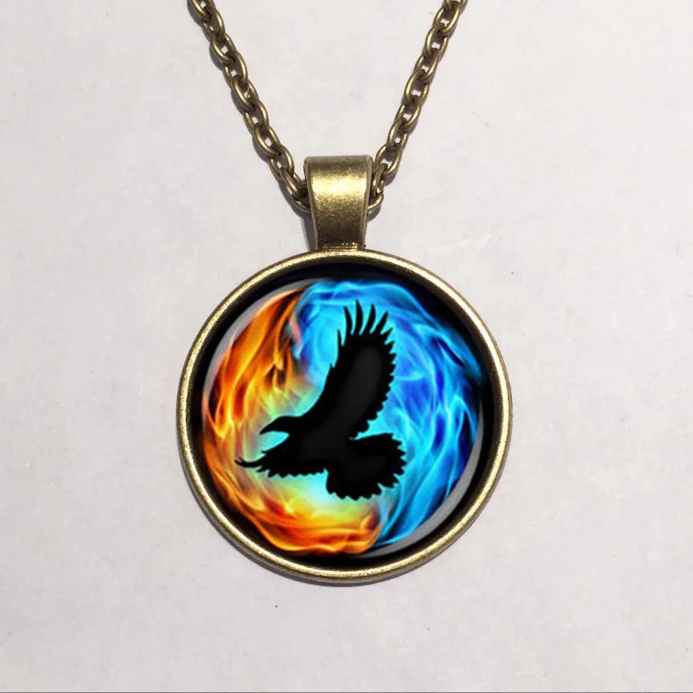 colorful twin flames with raven necklace glass cabochon pendant