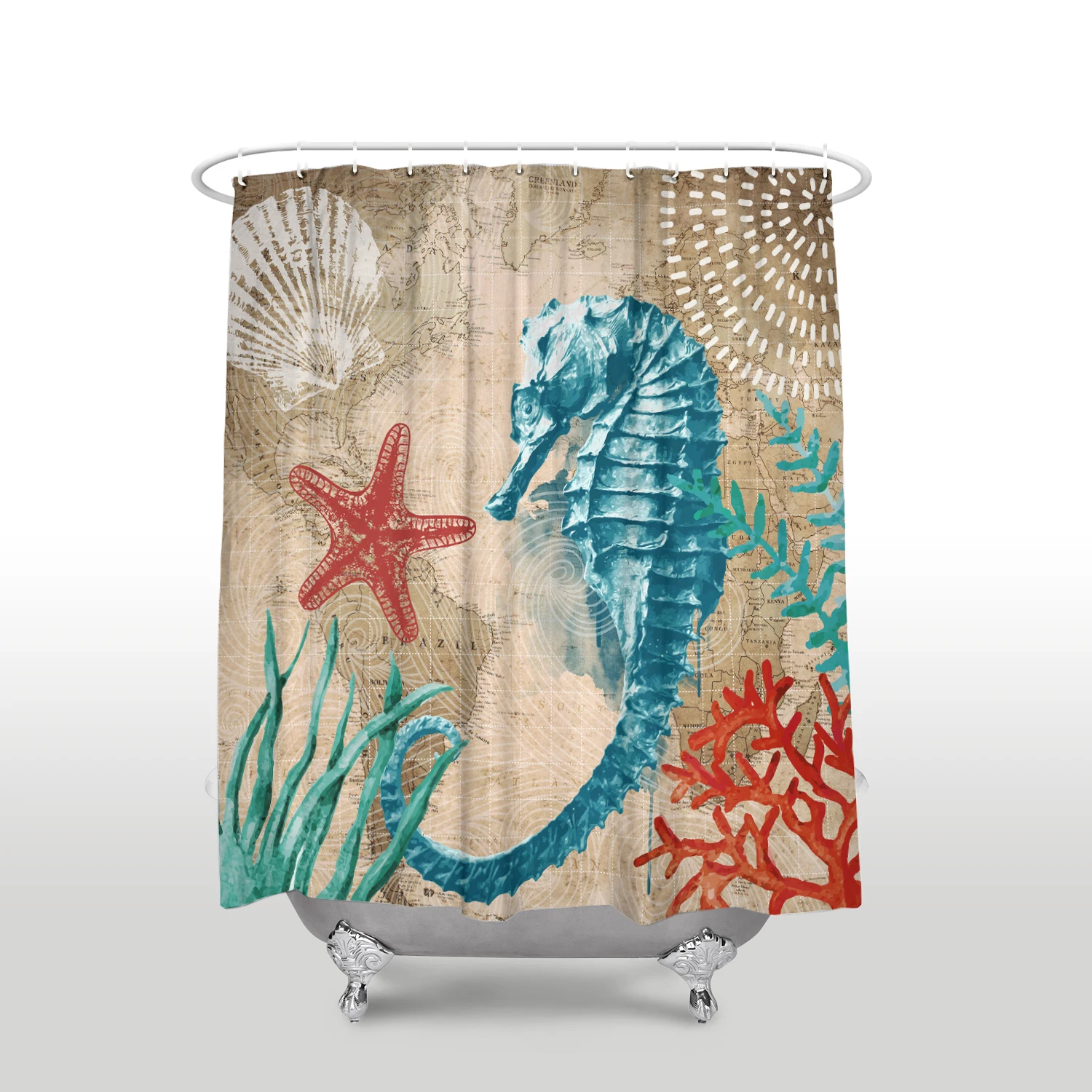 New Waterproof Retro Sea Life Seahorse Starfish Shower Curtain with