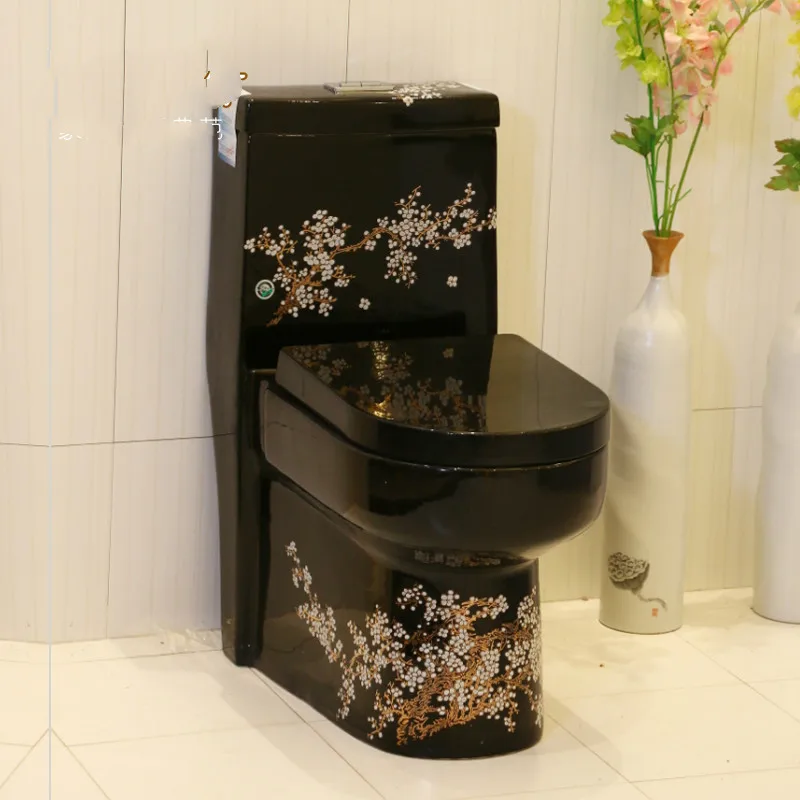 

Art Toilet Siphon Silent Water Saving Art Toilet Gold Paint Pool Black Flowers Painted Gold Toilet seat