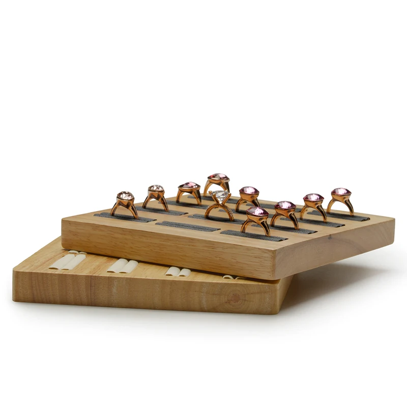 FANXI Solid wood Cream-white&Dark gray 12 Seats Ring Display Stand with Microfiber Internal for Exhibition Jewellry Rings Holder Jewelry Packaging