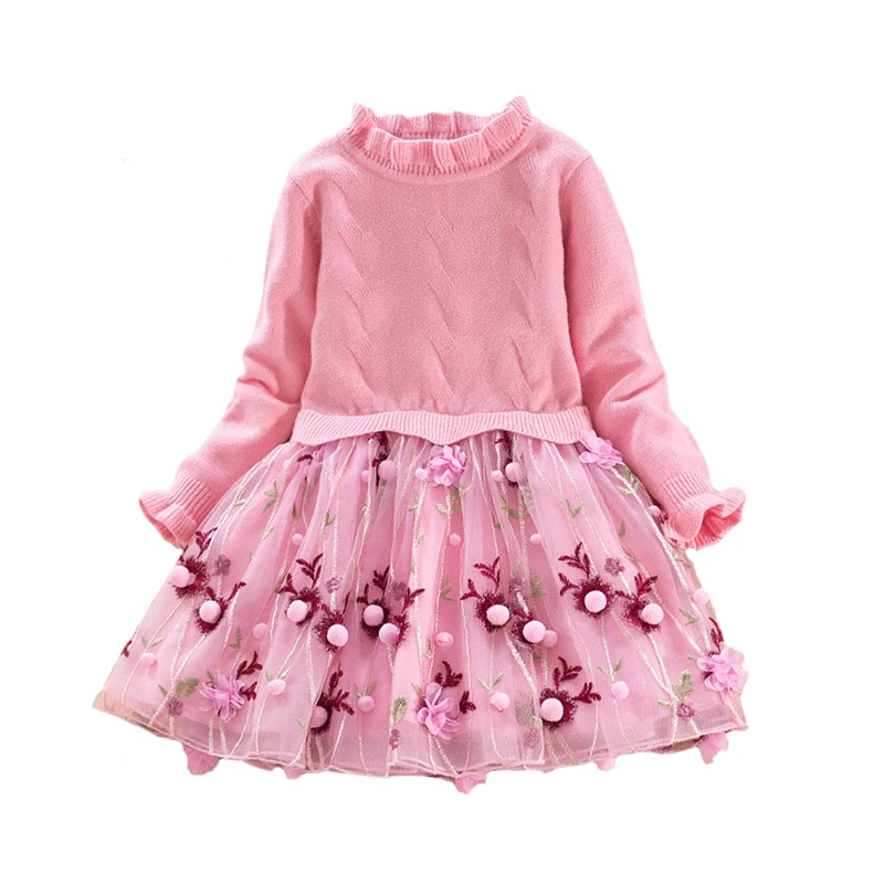 Children Dress Autumn/spring Baby Girls Dress 2018 Knitted Cotton Long Sleeve Embroidered Lace Tutu Clothing for fille 4y-8y long sleeve embroidered swing dress