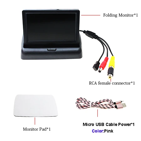 Автомобильный парковочный мини-монитор заднего вида HD 4,3 дюймов цветной TFT складной с 5V Micro USB для камеры заднего вида ночного видения - Цвет: With Pink USB Cable