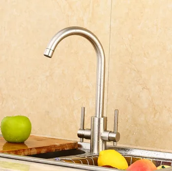 

Hot Sale Fashion Double Handle Kitchen Faucet/Brass Material Modern Brushed Design Hot And Cold Wash Basin Swivel Sink Mixer Tap
