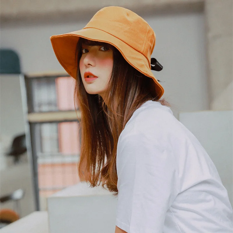 

2019 Cute big side ribbon bow fisherman hat female cotton spring and summer sun hat sleek minimalist folding basin cap