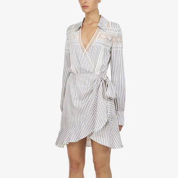 

Self Portrait Dress 2019 Women High Quality Elegant Ruffles V-neck Long Sleeve White Striped Dress Vestidos