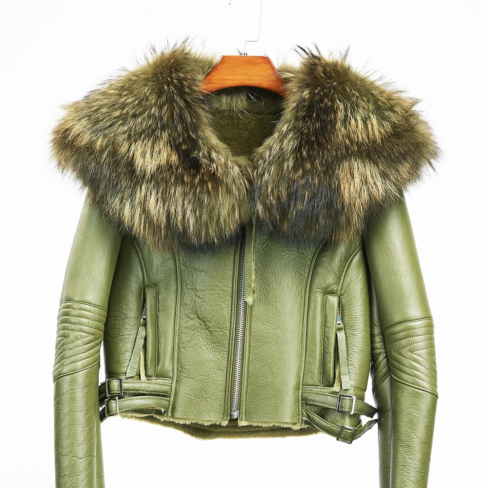Настоящая полная зимняя кожаная куртка из овчины женщин шубы енота меховым воротником толстые верхняя одежда мода верхняя натуральная кожа