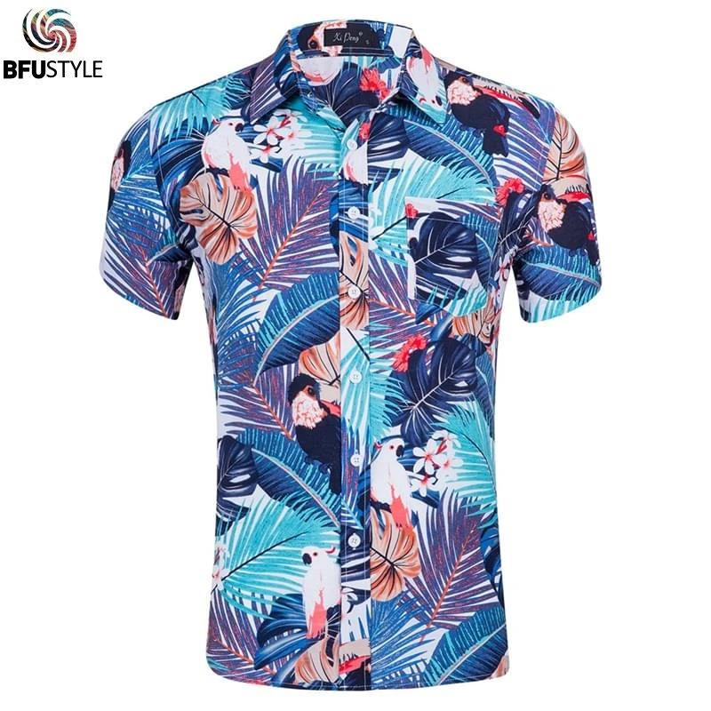 

Parrot Leaves Button Down Shirts Men Dress Shirts Floral Camisa Masculina Men Casual Short Sleeve Beach Boho Hawaiian Shirt 2019