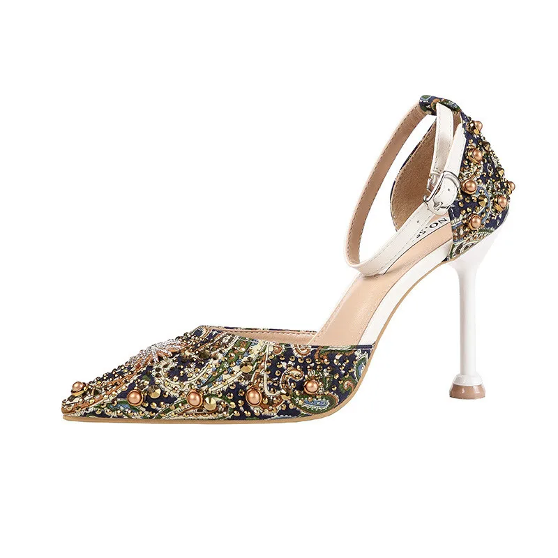 

2019 spring and autumn new European and American pointed pattern with a thin with high-heeled shoes blue ljj 0510