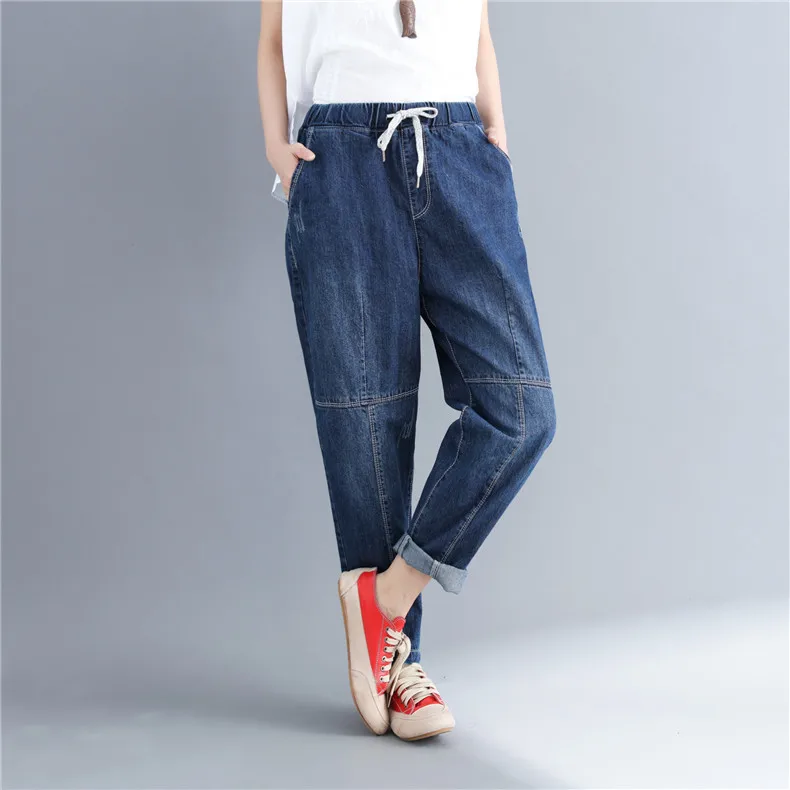 

2019 Spring Summer Ripped Jeans for Women with Elastic Waist Jeans Woman Baggy Jeans Mujer Casual Harem Pants Women Loose Blue