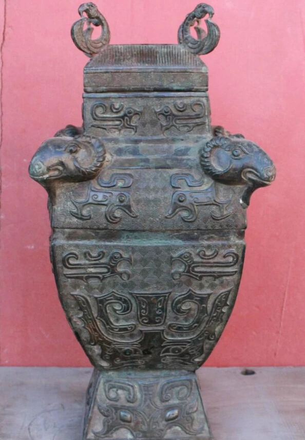 

song voge gem S5231 18" Old Chinese Classic Bronze Dynasty Folk Sheep Goat Head Statue Pot Jar Tank