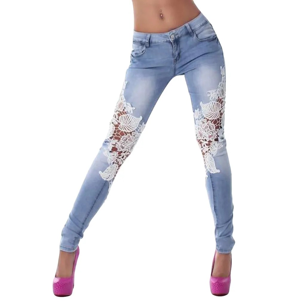 

Jeans Woman Lace Floral Spliced Low Waist Slim Skinny Denim Jeans Casual Pencil Pants Long Trousers Women Streetwear