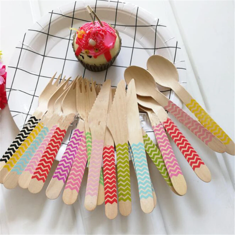

12pcs Dinnerware Set Wooden Fork Knife Spoon Sets Colorful Wavy Printed Modern Birthday Party Supplies Disposable Dinnerware Set