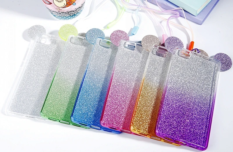 3D Mickey Minnie Mouse Ears Silicone Glitter Gradient Case for Huawei Ascend P8 / P9 Lite Case Cover with Hang rope phone cases