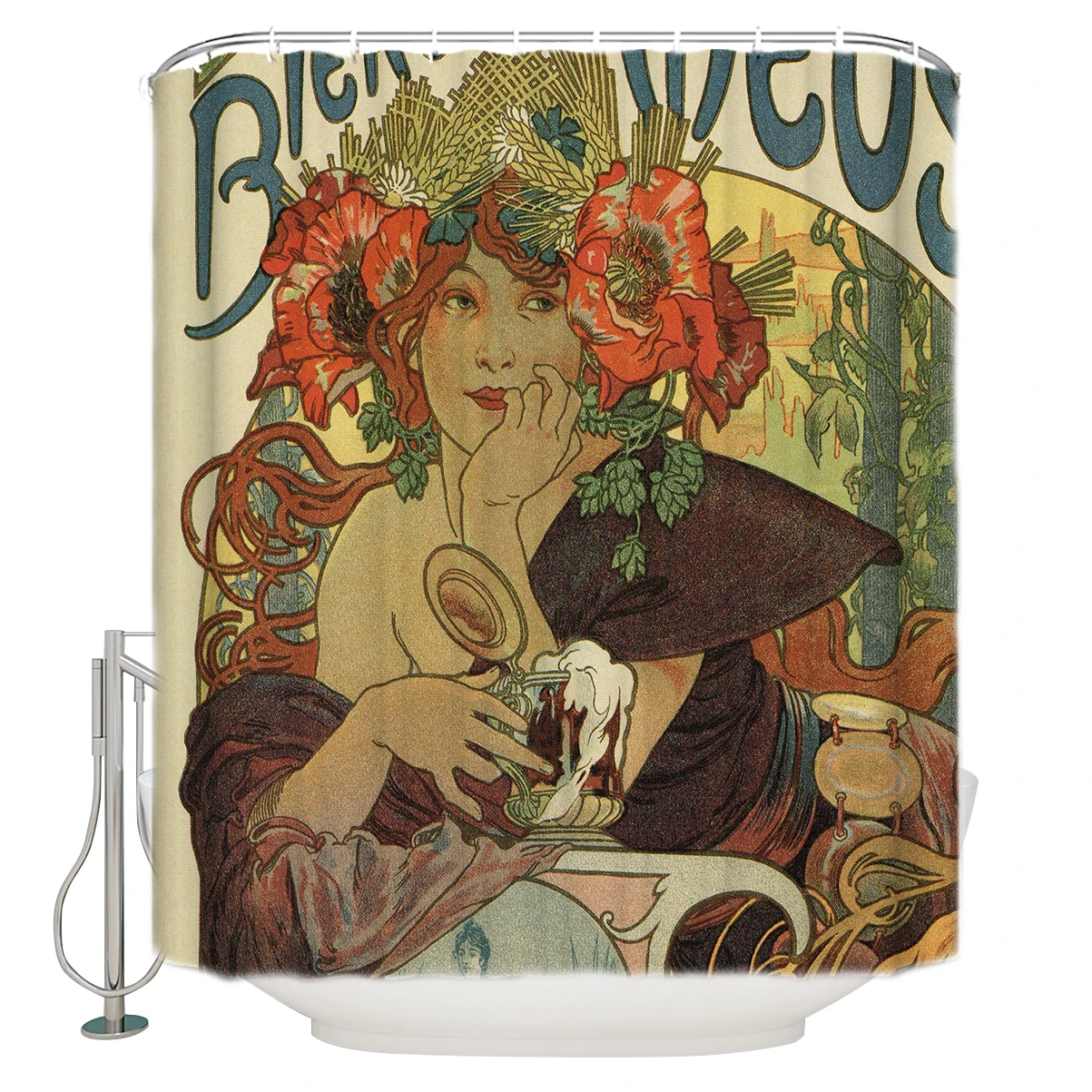 

Alfons Mucha Art Nouveau Beer Ad Extra Long Fabric Bath Shower Curtains Bathroom Decor Sets with Hooks