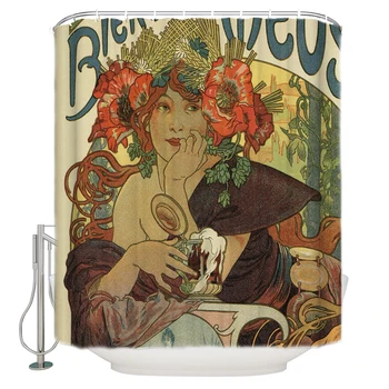 

Alfons Mucha Art Nouveau Beer Ad Extra Long Fabric Bath Shower Curtains Bathroom Decor Sets with Hooks