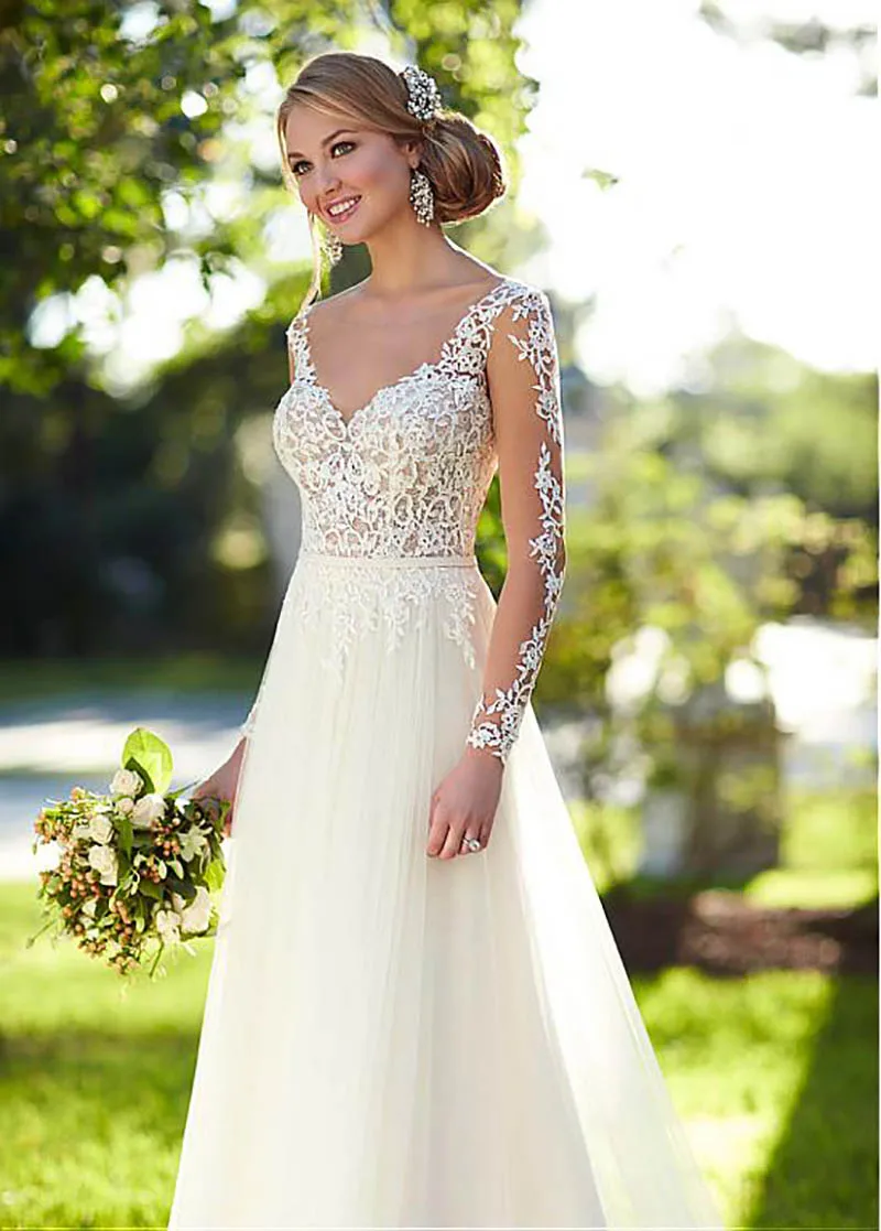 

2019 Wedding Dress Long Sleeves Lace Appliques Beach Bride Dress Sexy Backless skin Tulle Top White Ivory Boho Wedding Gown