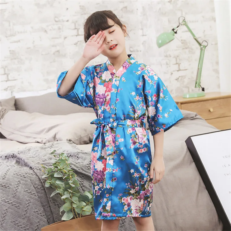 Floral Toddler Girl Bathrobe Baby Pajama Robe Boys Bathrobe Silk Satin Robes Infant Sleepwear Children Home Wear Kids Clothes