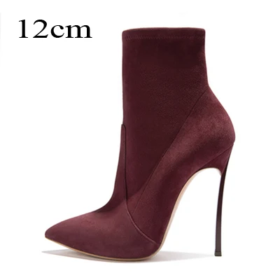 Г. Зимние женские ботинки из флока на тонком высоком каблуке с мехом, модные пикантные ботильоны женская обувь на высоком каблуке 10 см/12 см - Цвет: wine red 12cm