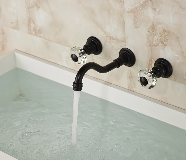 

Wall Mounted Oil Rubbed Bronze Bathroom Basin Faucet Dual Crystal Handles Mixer