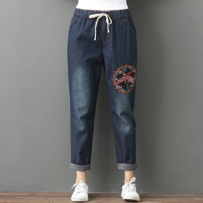 Женские джинсы в художественном стиле,,, повседневные свободные винтажные джинсовые штаны-шаровары с вышивкой, женские джинсы - Цвет: Blue