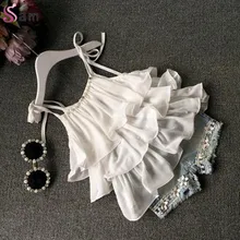 2016 D’été Coréenne enfants vêtements filles costume de Mousseline de Soie gâteau fronde + pantalon court perle fleur halter top denim shorts enfants ensemble