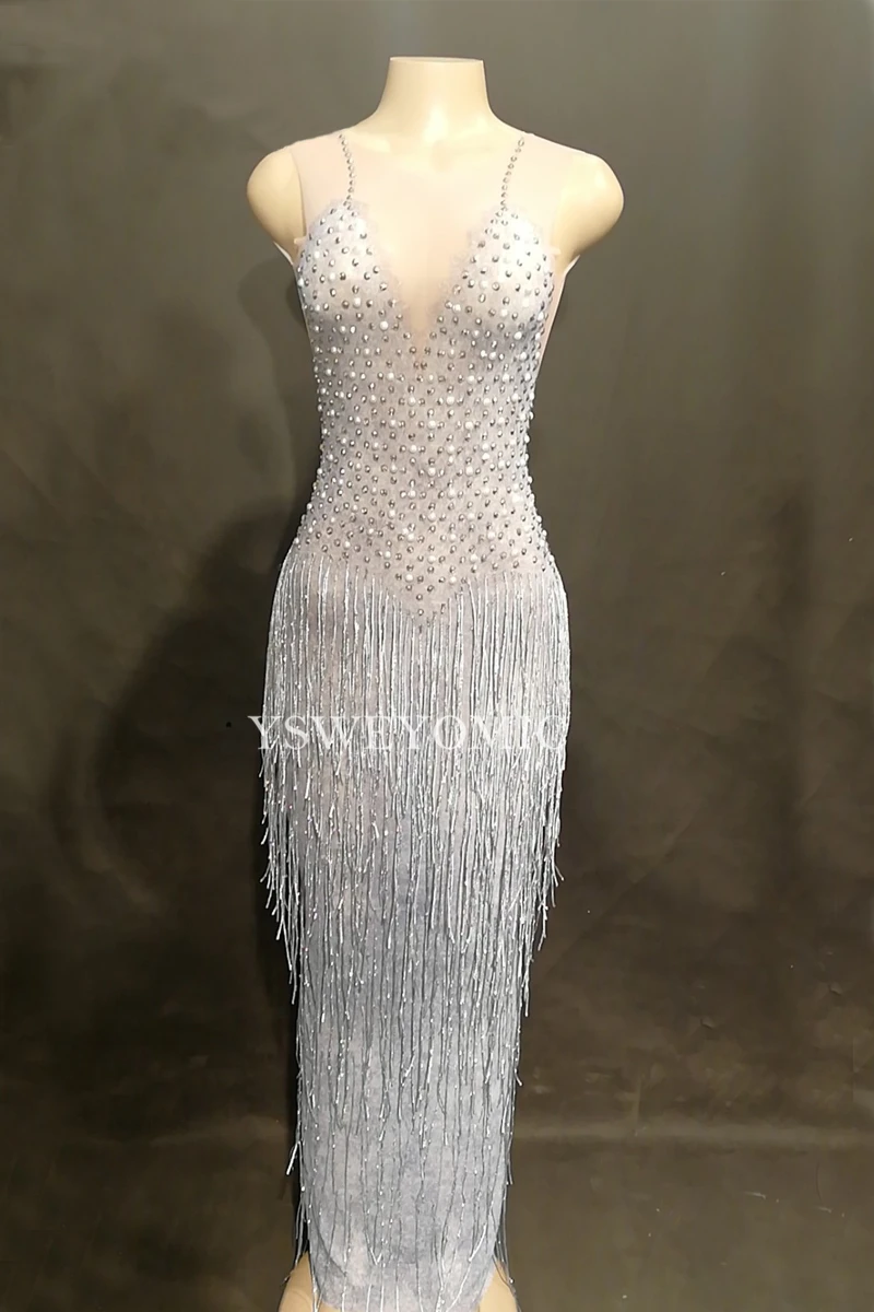 Блестящее серебряное Сетчатое сексуальное длинное платье со стразами и кисточками женское праздничное платье для дня рождения женское танцевальное платье