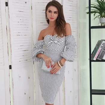 

Elegant Striped Women Dress 2018 Newest Fashion Lantern Sleeve Three Quarter Sexy Strapless Bodycon Midi Party Dress Wholesale